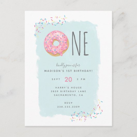 Sweet Bright Pink Donut met Sprinkle 1st Birthday Uitnodiging Briefkaart (Voorkant)
