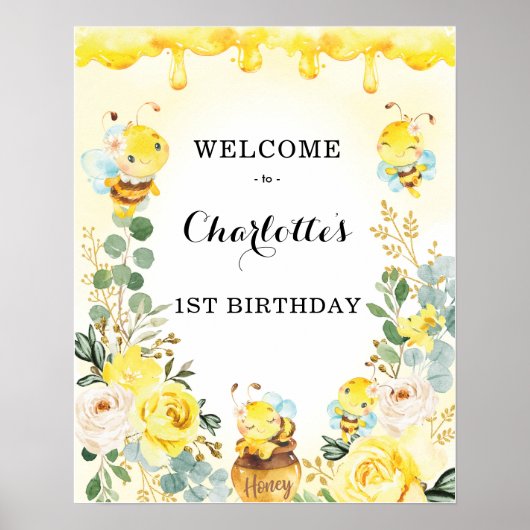 Sweet Bumble bee Honeycomb Floral Birthday Welkom Poster (Voorkant)