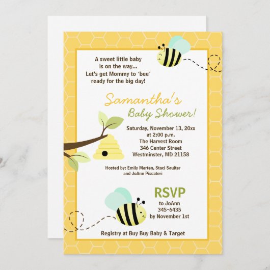 Sweet Bumble Bee Mam to Bee Baby shower Invite Kaart (Voorkant / Achterkant)