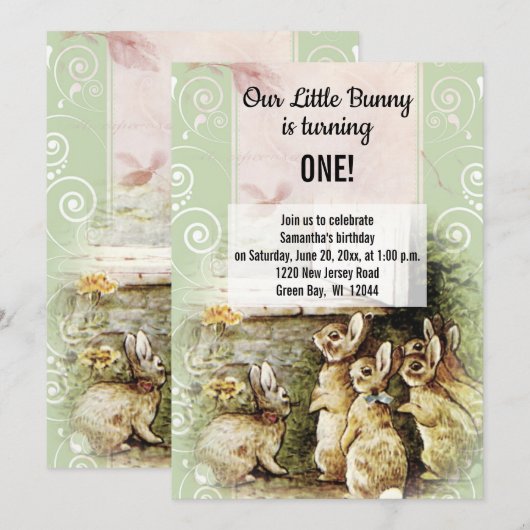 Sweet  Bunny 1st Birthday Party Invitation Kaart (Voorkant / Achterkant)