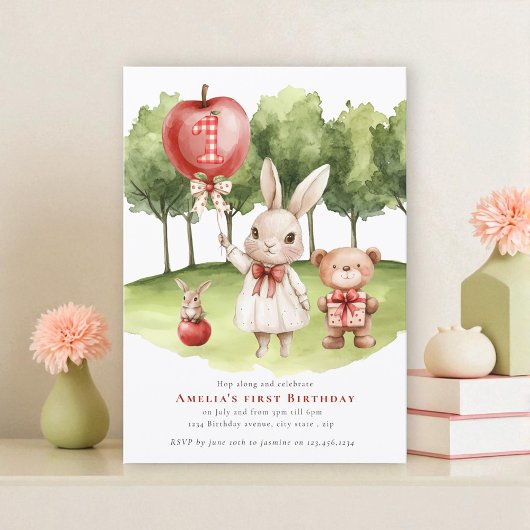 Sweet Bunny Apple First Birthday Invitation Kaart
