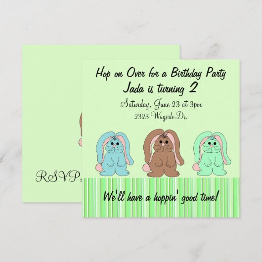 Sweet Bunny Birthday Invitation Kaart (Voorkant / Achterkant)