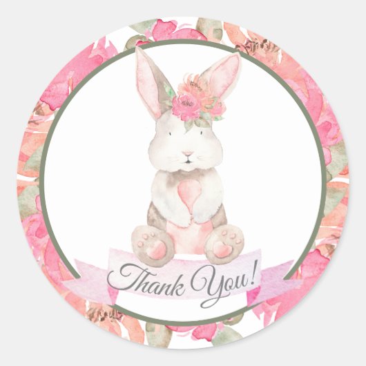 Sweet Bunny Floral Baby shower Dank u Ronde Sticker (Voorkant)