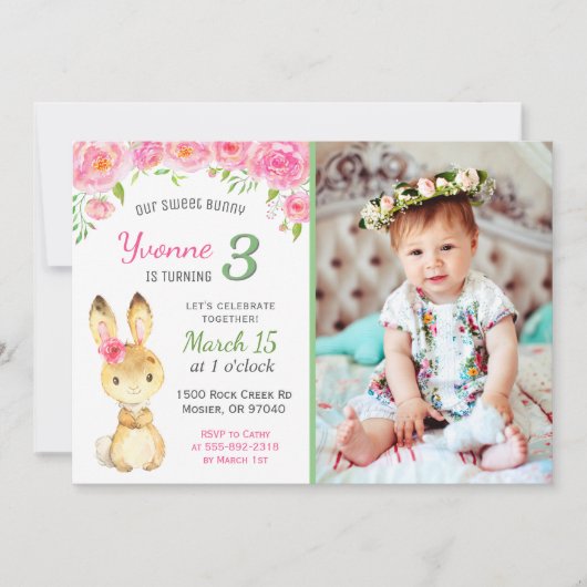 Sweet Bunny Floral Roze Meisje Verjaardagsfeestfot Kaart (Voorkant)
