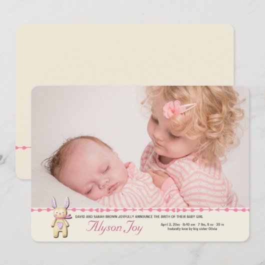 Sweet Bunny Foto geboortedatum Aankondiging (Voorkant / Achterkant)