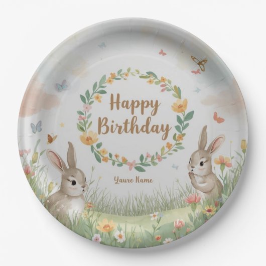 Sweet Bunny Meadow Birthday Party Paper Plate – Cu Papieren Bordje (Voorkant)