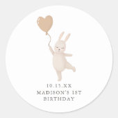 Sweet Bunny met Heart Balloon First Birthday Ronde Sticker (Voorkant)