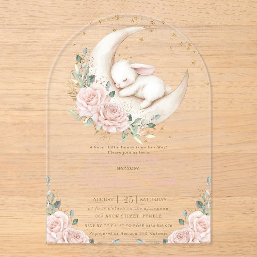 Sweet Bunny Pink Blush Floral Baby shower Arch Acryl Uitnodigingen (Voorkant)