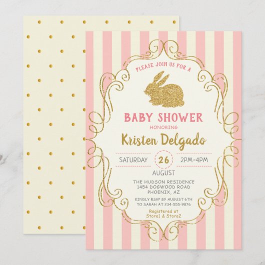 Sweet Bunny Pink Gold Glitter Baby shower Kaart (Voorkant / Achterkant)