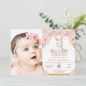 Sweet Bunny Rabbit Pink 1st 2nd 3rd Birthday Photo Kaart (Staand voorkant)