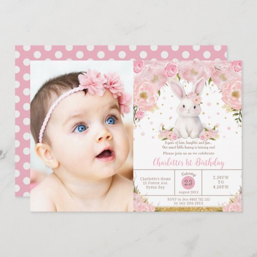 Sweet Bunny Rabbit Pink 1st 2nd 3rd Birthday Photo Kaart (Voorkant / Achterkant)