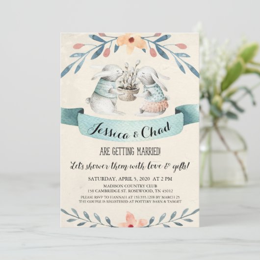 Sweet Bunny Rabbits Couples Douche Uitnodiging (Staand voorkant)