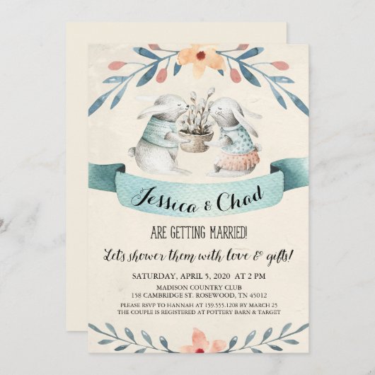 Sweet Bunny Rabbits Couples Douche Uitnodiging (Voorkant / Achterkant)