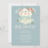Sweet Bunny Tea Cup Blauwe Baby Douche Uitnodiging (Voorkant)