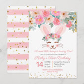 Sweet Bunny uitnodiging voor eerste verjaardag, fl (Voorkant / Achterkant)