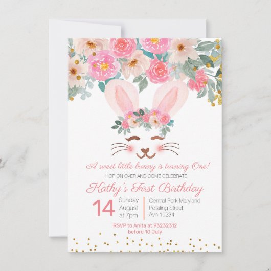 Sweet Bunny uitnodiging voor eerste verjaardag, fl (Voorkant)