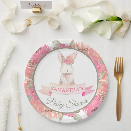 Sweet Bunny Waterverf Flowers Baby shower Papieren Bordje (Huwelijk)
