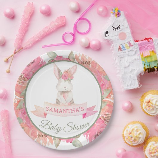 Sweet Bunny Waterverf Flowers Baby shower Papieren Bordje (Feest)