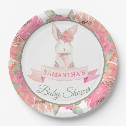 Sweet Bunny Waterverf Flowers Baby shower Papieren Bordje (Voorkant)