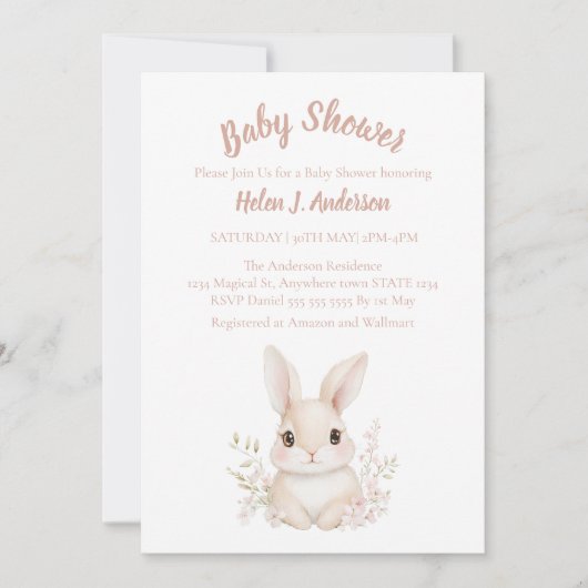 Sweet Bunny Waterverf Pink Flower Baby shower Kaart (Voorkant)
