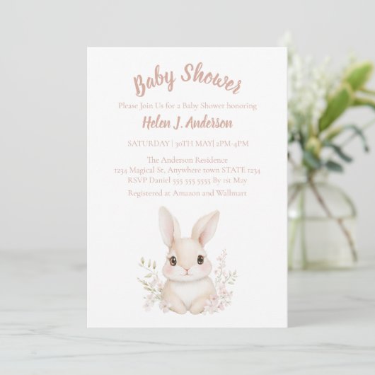 Sweet Bunny Waterverf Pink Flower Baby shower Kaart (Staand voorkant)