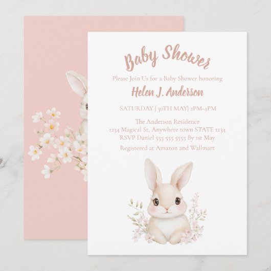 Sweet Bunny Waterverf Pink Flower Baby shower Kaart (Voorkant / Achterkant)