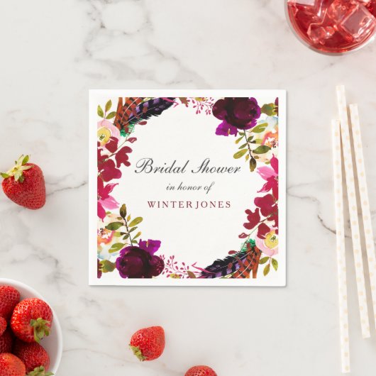 Sweet Burgundy Paarse Floral Wreath Vrijgezellenfe Servetten (Insitu)