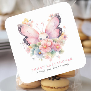 Sweet Butterfly Florals Roze Baby shower Dank u Vierkante Sticker