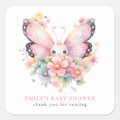 Sweet Butterfly Florals Roze Baby shower Dank u Vierkante Sticker (Voorkant)