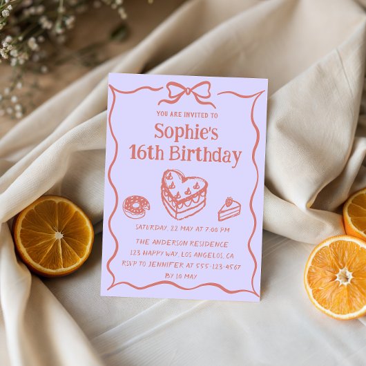 Sweet Cake & Bow Pastel Pink 16th Birthday Party Kaart