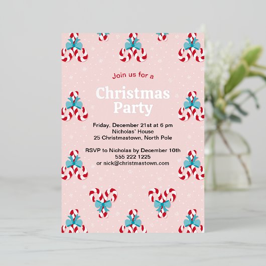 Sweet Candy Canes en Bows Kerstmis Folie Uitnodiging (Staand Voorkant)