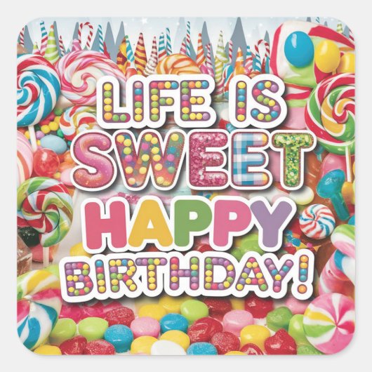 Sweet Candyland Birthday Design – leuk en kleurrij Vierkante Sticker (Voorkant)
