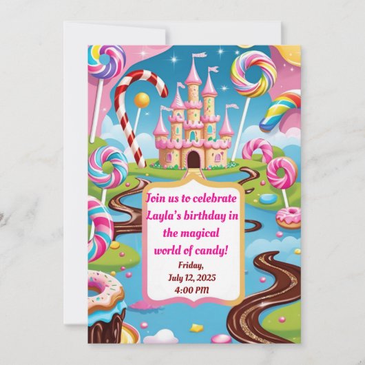 Sweet Candyland Birthday Party Invitation for Kids Kaart (Voorkant)