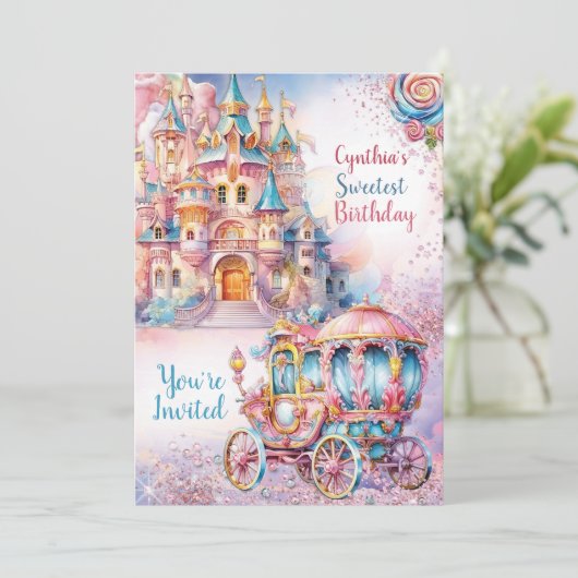 Sweet Candyland uitnodiging voor verjaardagsfeestj (Staand voorkant)