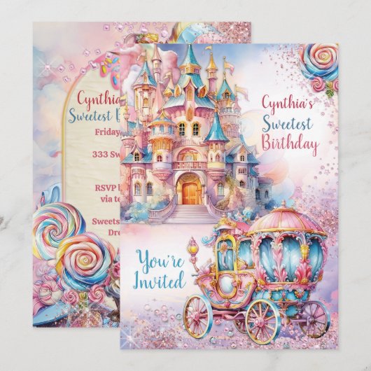 Sweet Candyland uitnodiging voor verjaardagsfeestj (Voorkant / Achterkant)