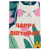 Sweet Cat en Flowers Happy Birthday Medium Cadeauzakje (Voorkant)