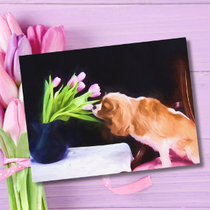 Sweet Cavalier King Charles & Pink Tulips Briefkaart