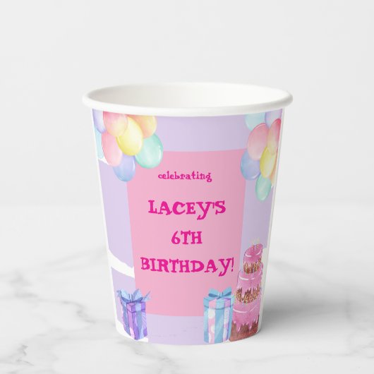 Sweet Celebration: Paarse en roze verjaardag Papieren Bekers (Achterkant)