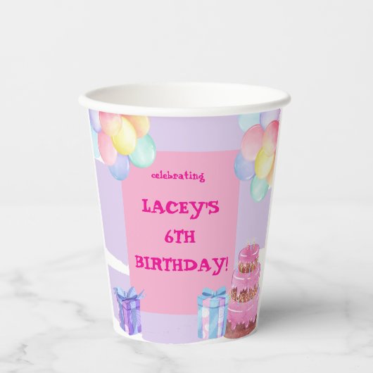 Sweet Celebration: Paarse en roze verjaardag Papieren Bekers (Voorkant)