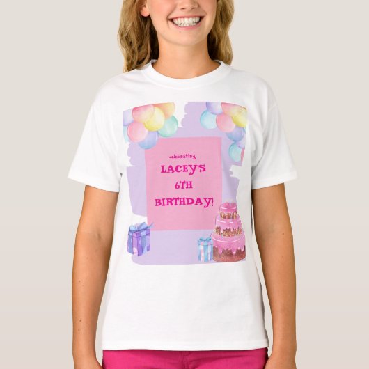 Sweet Celebration: Paarse en roze verjaardag T-shirt (Voorkant)