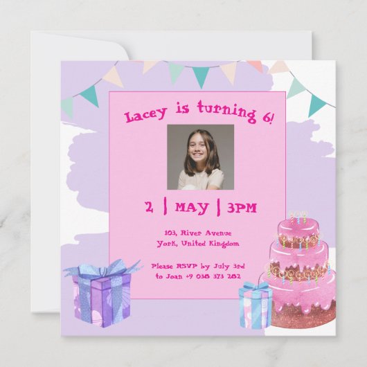 Sweet Celebration: Paarse Roze Verjaardagsuitnodig Kaart (Voorkant)