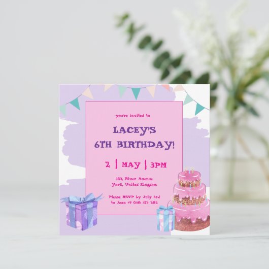 Sweet Celebration: Paarse Roze Verjaardagsuitnodig Kaart (Staand voorkant)