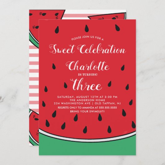 Sweet Celebration Watermelon Birthday Invitation Kaart (Voorkant / Achterkant)