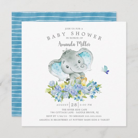 Sweet Cheerful Elephant Baby Boy Shower Kaart (Voorkant / Achterkant)