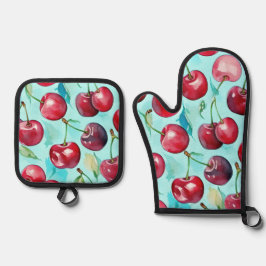 Sweet cherries colorful watercolor cherry art  ovenwant & pannenlap set
