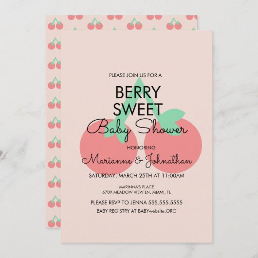 Sweet Cherries Fruit roze Baby shower Invitation Kaart (Voorkant / Achterkant)