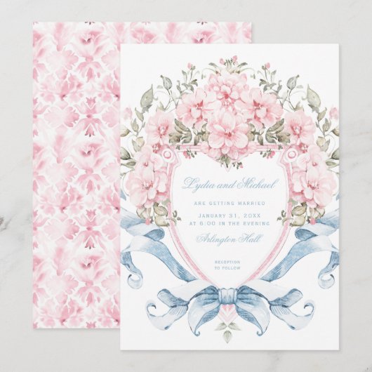 Sweet Cherry Blossom Crest | Monogram bruiloft Kaart (Voorkant / Achterkant)