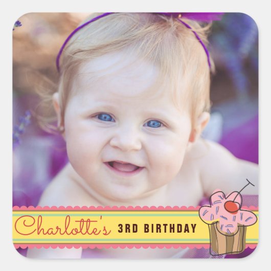 Sweet Cherry Cupcake Girl's Birthday Foto Sticker (Voorkant)