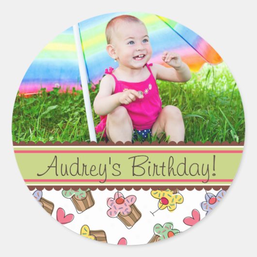 Sweet Cherry Cupcakes Girl Birthday Foto Sticker (Voorkant)