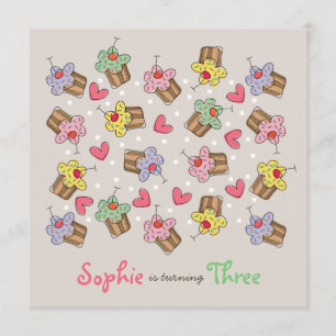 Sweet Cherry Cupcakes Girl Birthday Party Invite Kaart